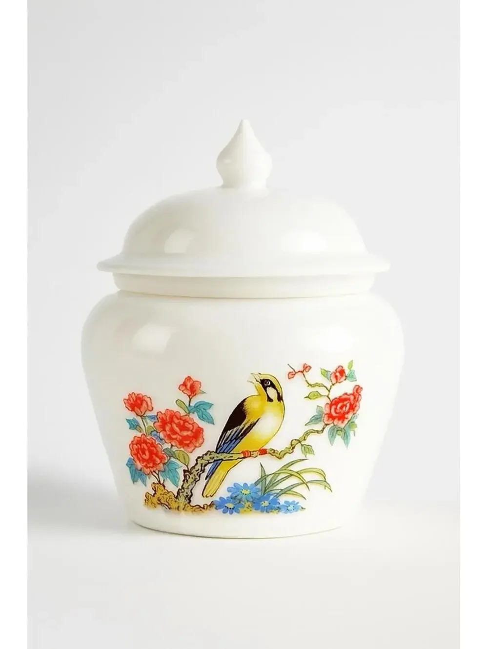 Vintage-Style White Porcelain Lidded Jar with Bird & Floral Motif